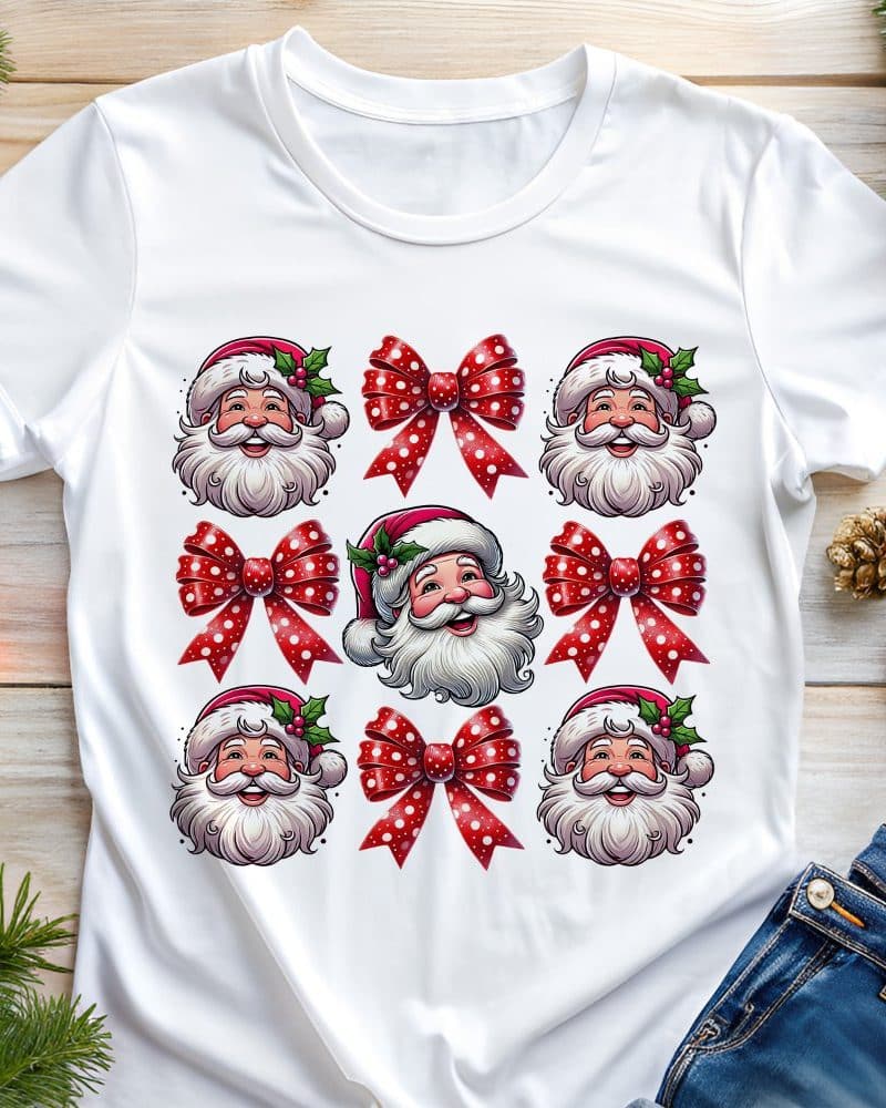 White t-shirt with a repeating pattern of Santa Claus faces and red bows with white polka dots.