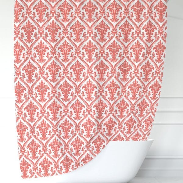 Coral Damask Patterned Shower Curtain.