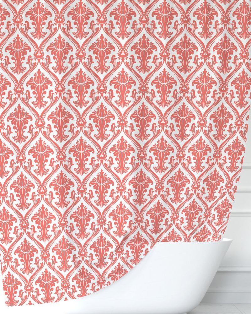 Coral damask patterned shower curtain.