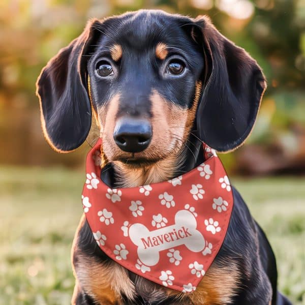 A Dachshund Puppy Wearing A Red Bandana With White Paw Prints And A Bone-Shaped Name Tag That Says Maverick.