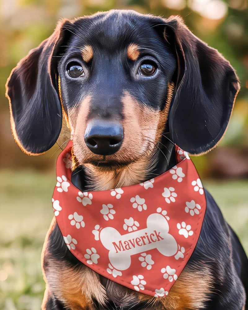 A dachshund puppy wearing a red bandana with white paw prints and a bone-shaped name tag that says Maverick.