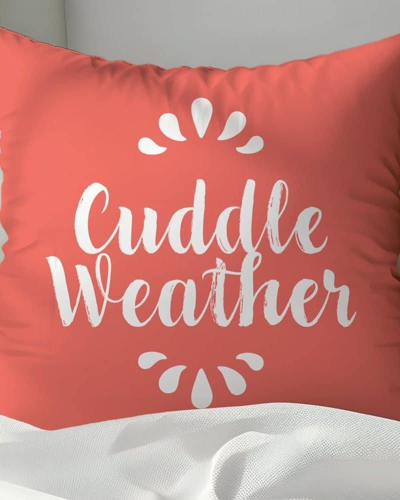 Coral-colored pillow with the words Cuddle Weather in white script.