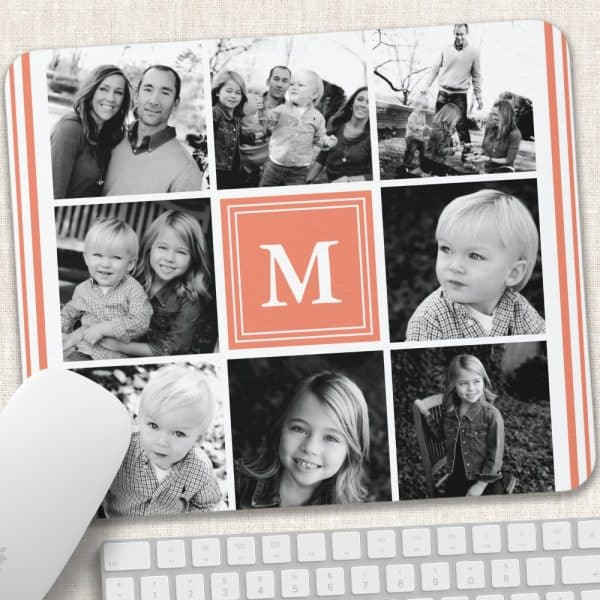 Mousepad Collage Of Family Photos In Black And White, Featuring A Central Coral Monogram &Quot;M&Quot;.