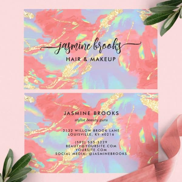 Two Business Cards For Jasmine Brooks, Hair And Makeup Stylist, Featuring An Abstract Coral And Iridescent Design With Gold Accents.