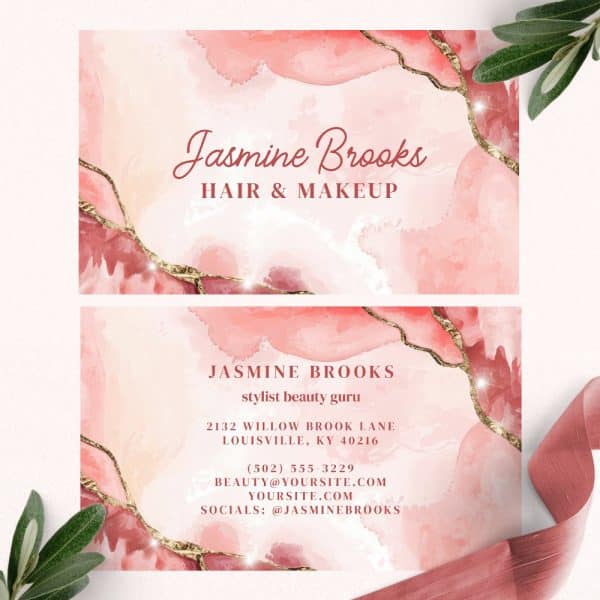 Two Pink And Gold Business Cards For Jasmine Brooks, Hair And Makeup Stylist.