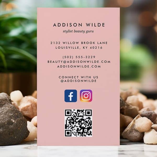 Pink Business Card For Addison Wilde, Stylist And Beauty Guru, With Contact Information, Social Media Handles, And Qr Code.