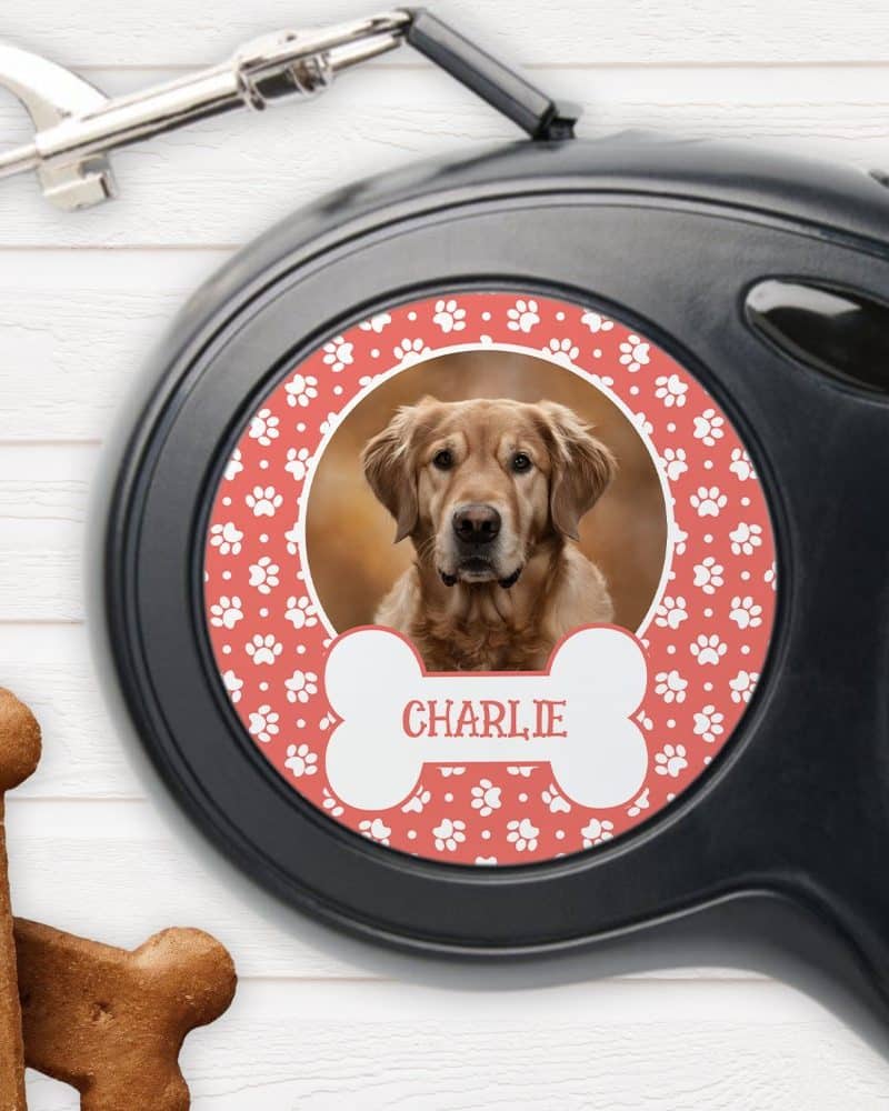 Black retractable dog leash with a coral-colored circle featuring a golden retriever portrait, paw prints, and the name Charlie.