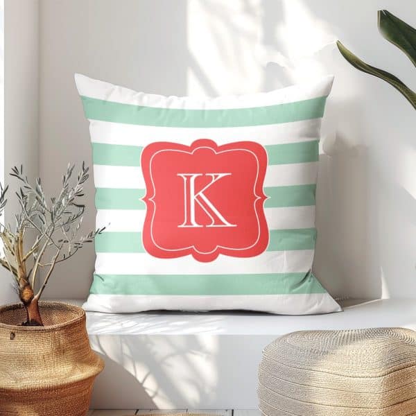 Mint Green Striped Pillow With A Coral Monogrammed K.