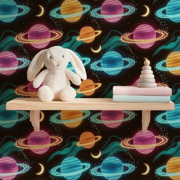 A White Bunny Sits On A Wooden Shelf In Front Of A Vibrant Space-Themed Wallpaper Featuring Neon Planets.
