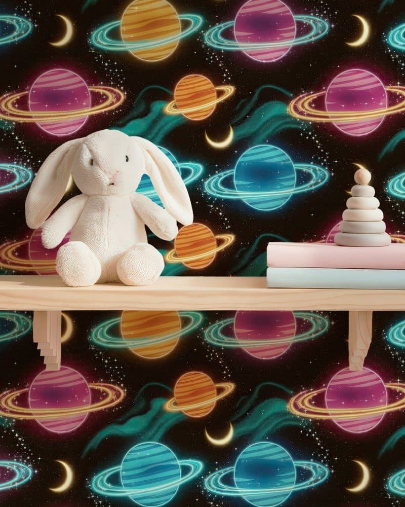 A white bunny sits on a wooden shelf in front of a vibrant space-themed wallpaper featuring neon planets.