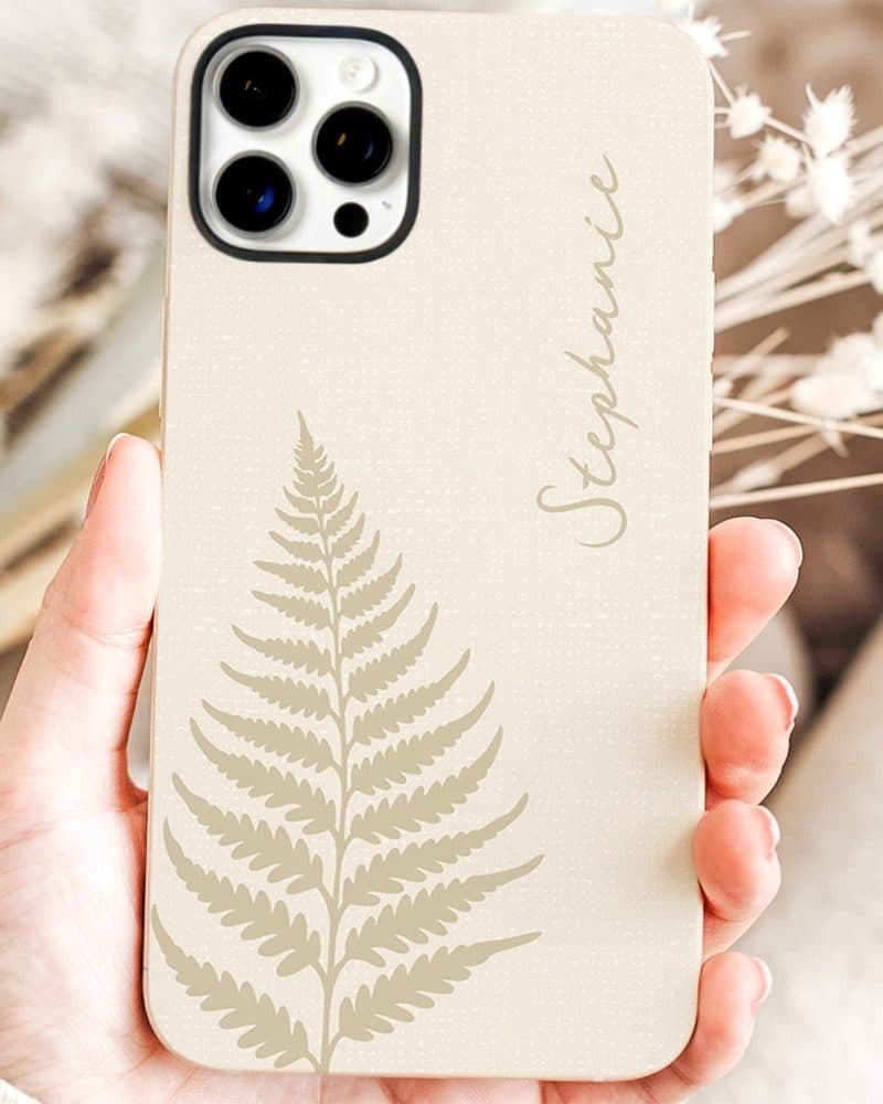 Beige phone case with fern design and the name Stephanie.