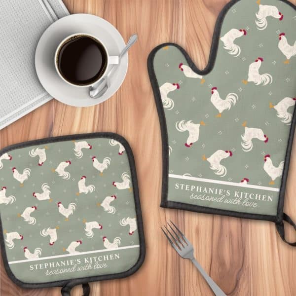 Personalized Oven Mitt And Pot Holder Set With A Sage Green Rooster Pattern.