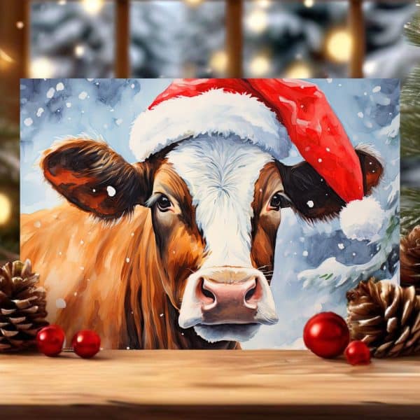 A Painting Of A Brown And White Cow Wearing A Santa Hat In A Snowy Scene.
