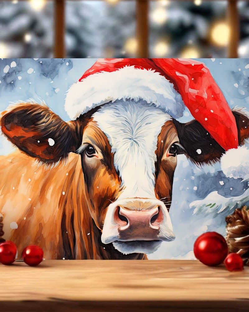 A painting of a brown and white cow wearing a Santa hat in a snowy scene.