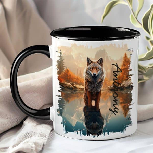 Black-Handled Mug With A Wolf Reflected In Water, Set Against An Autumnal Landscape. The Name Anthony Is On The Mug.