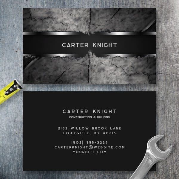 Business Card For Carter Knight Construction &Amp; Building, Featuring A Dark Gray Cracked Stone Design On The Front And Contact Information On The Back.