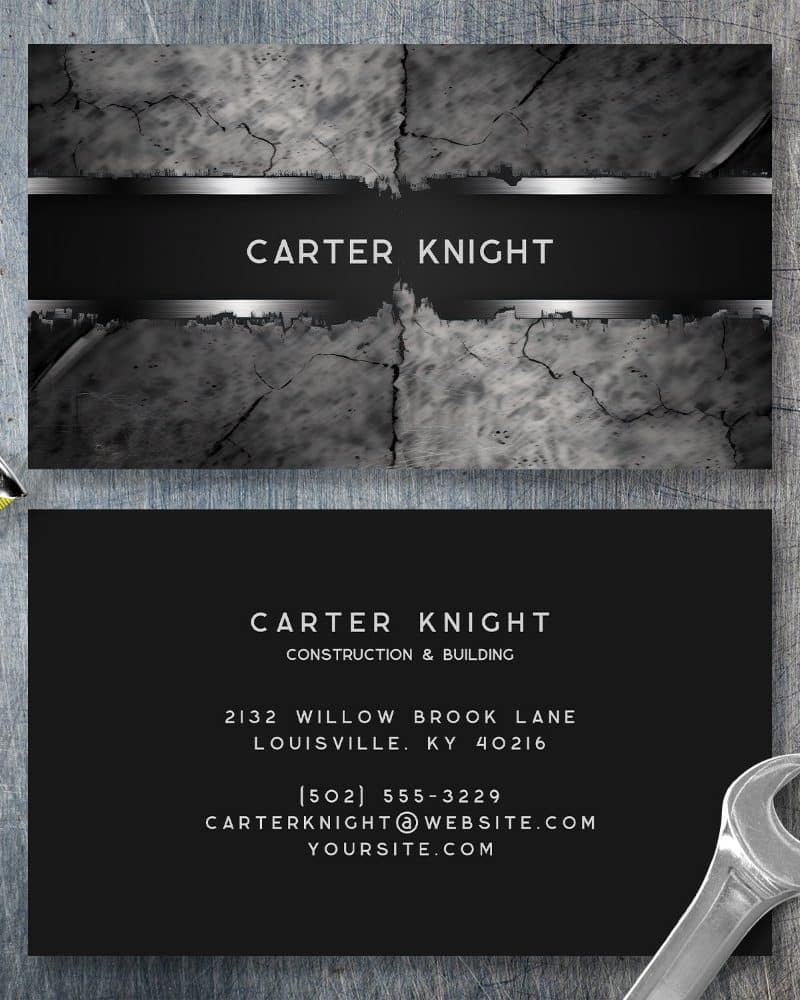 Business card for Carter Knight Construction & Building, featuring a dark gray cracked stone design on the front and contact information on the back.