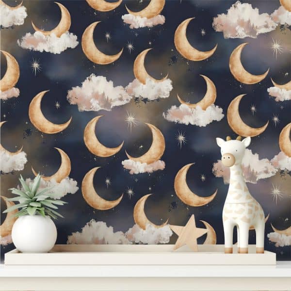 Gold Crescent Moons And Clouds Against A Dark Blue Night Sky.