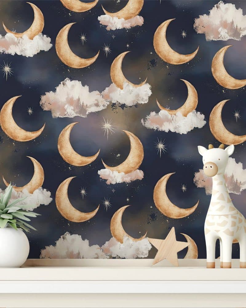 Gold crescent moons and clouds against a dark blue night sky.