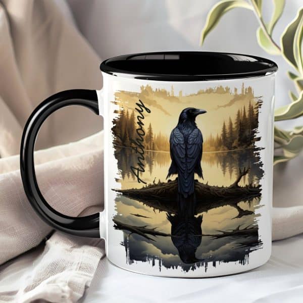 Black Mug With A Black Handle, Featuring A Raven Perched On A Branch Over Water At Sunset, Personalized With The Name Anthony.