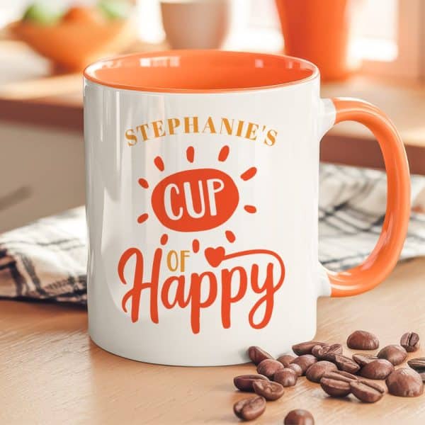White Coffee Mug With Orange Interior And Handle, Personalized With Stephanies Cup Of Happy Design.