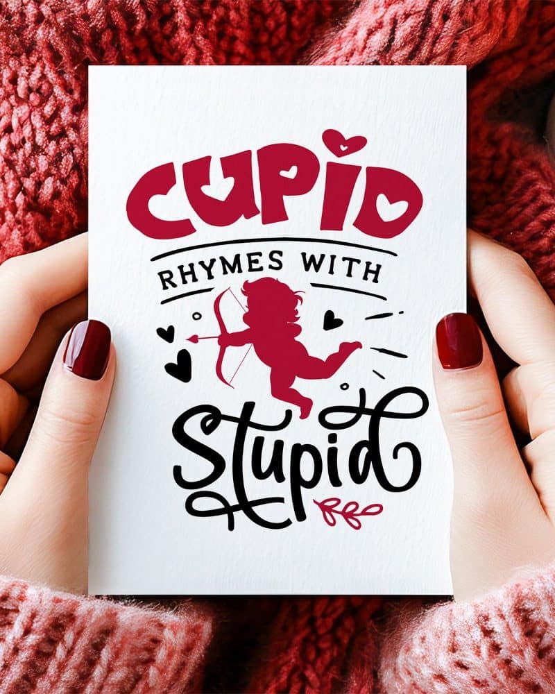 Two hands hold a Valentine's Day card featuring a Cupid silhouette and the text Cupid rhymes with Stupid.