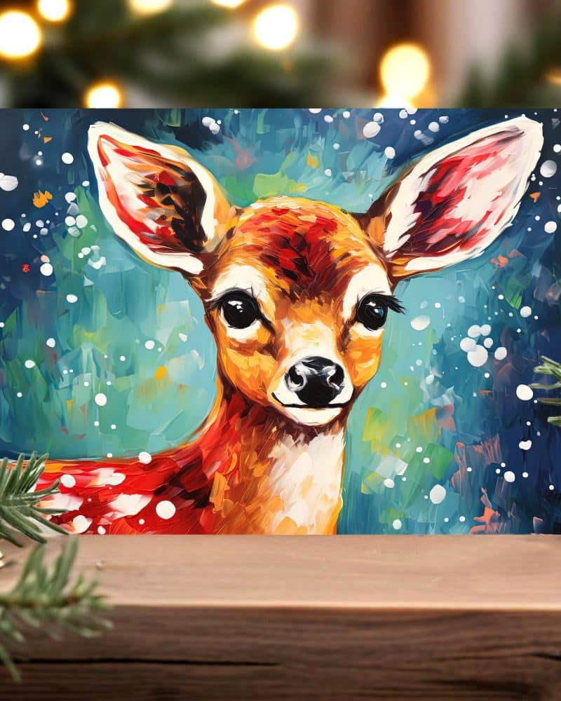 A painting of a fawn in a winter setting.