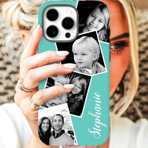 Teal Iphone Case Displaying A Photo Collage Of A Family, Including Children And Adults, With The Name Stephanie.