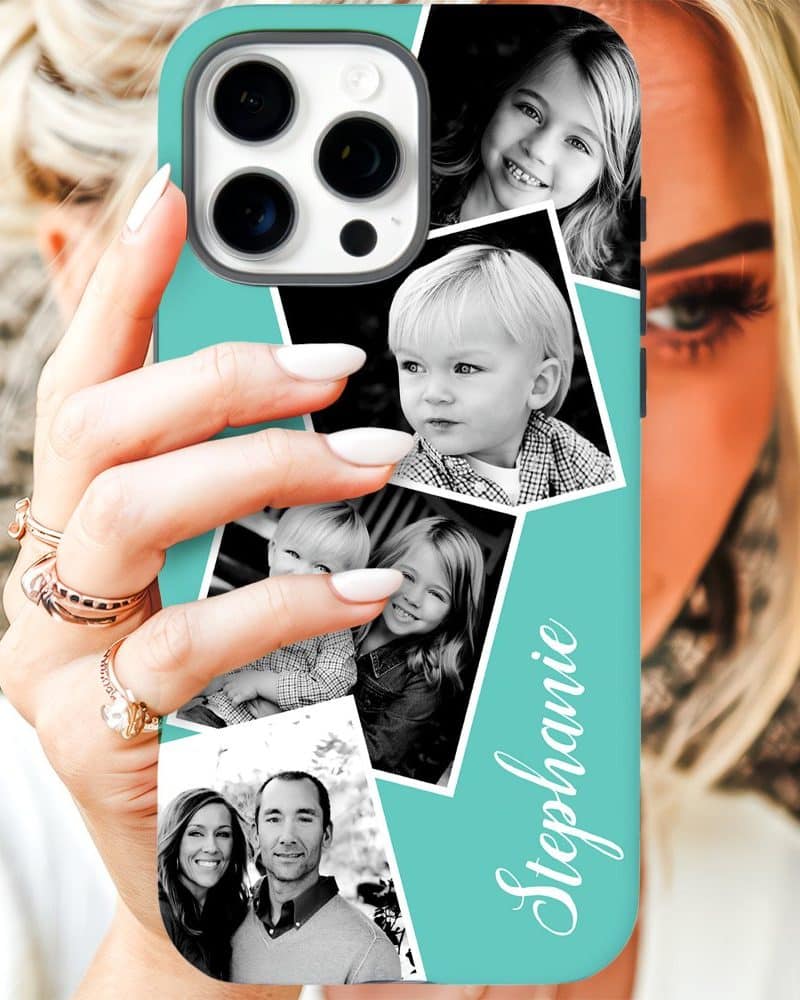 Teal iPhone case displaying a photo collage of a family, including children and adults, with the name Stephanie.