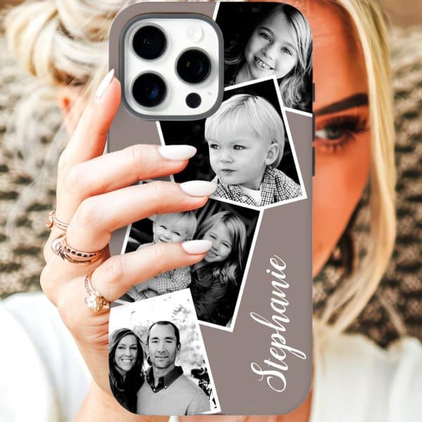 A Woman'S Hand Holding A Taupe Iphone Case Displaying A Photo Collage Of Her Family. The Name Stephanie Is Written On The Case.