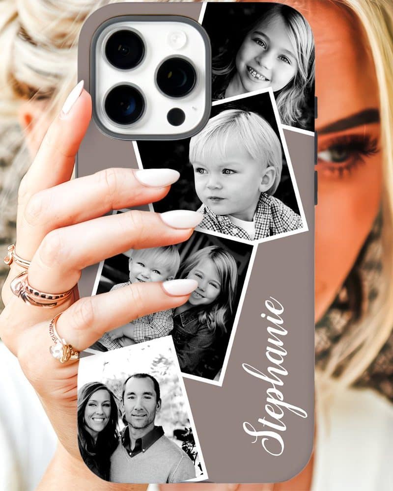 A woman's hand holding a taupe iPhone case displaying a photo collage of her family. The name Stephanie is written on the case.