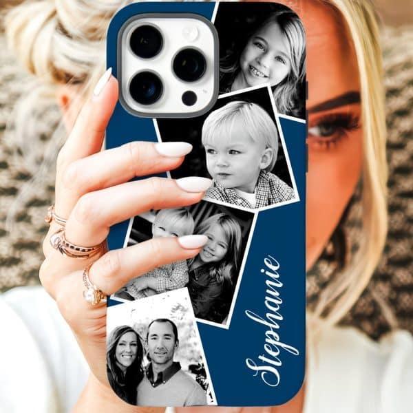A Navy Blue Phone Case Displaying A Photo Collage Of A Family. The Name Stephanie Is Written On The Case.