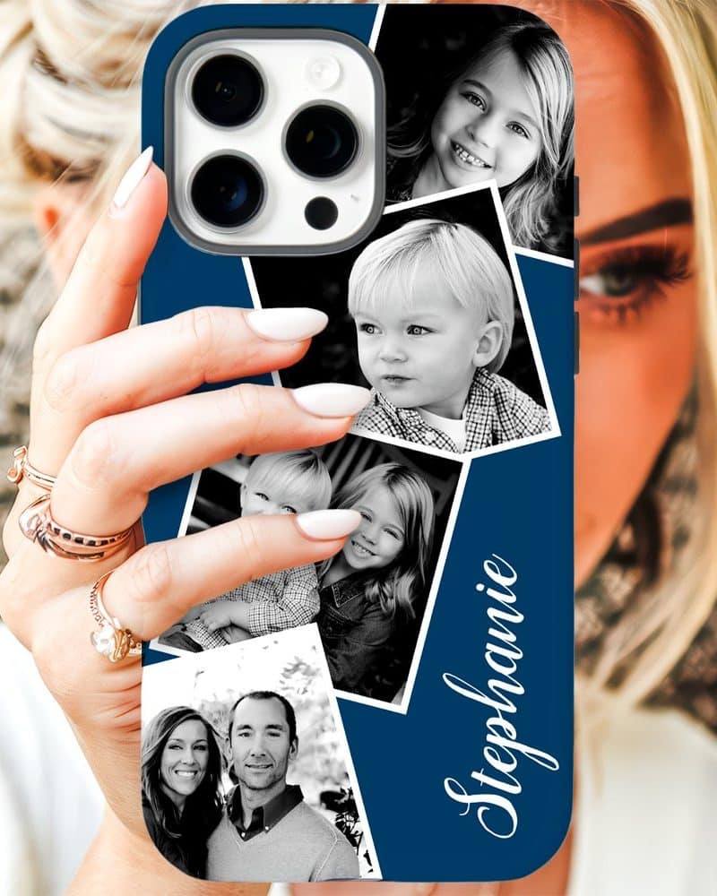 A navy blue phone case displaying a photo collage of a family. The name Stephanie is written on the case.