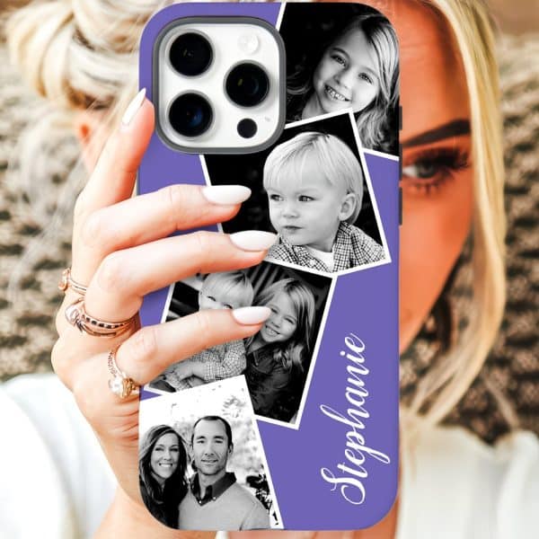 Purple Phone Case With A Collage Of Black And White Family Photos And The Name Stephanie.