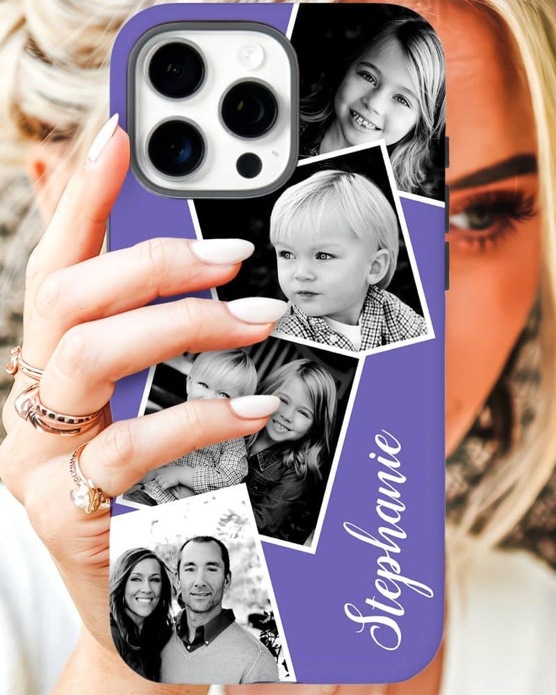 Purple phone case with a collage of black and white family photos and the name Stephanie.