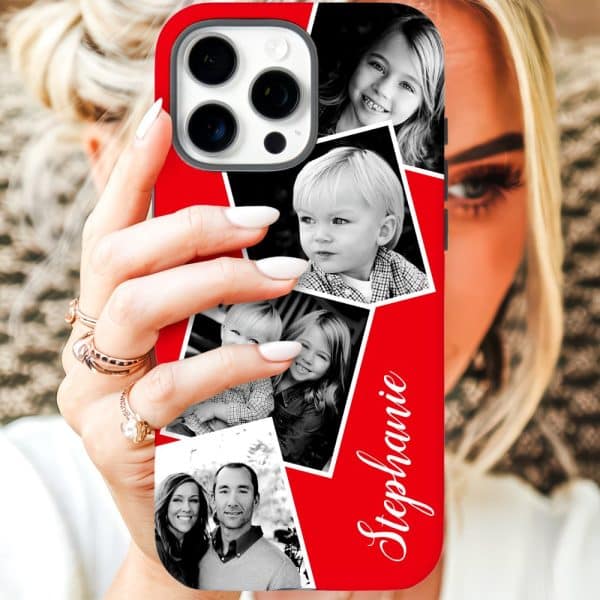 Red Phone Case Displaying A Photo Collage Of A Family, With The Name Stephanie.