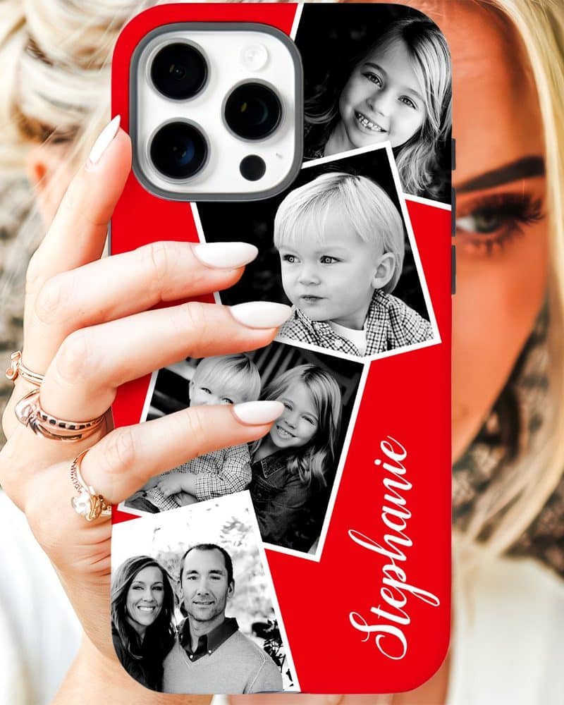 Red phone case displaying a photo collage of a family, with the name Stephanie.