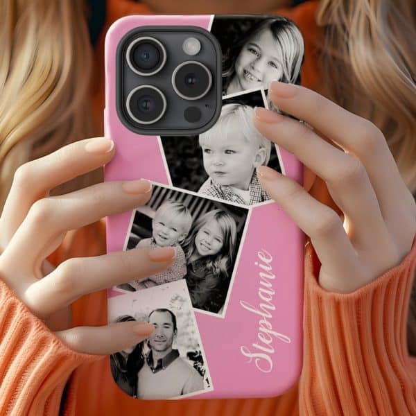 Pink Phone Case With Black And White Photos Of A Family And The Name Stephanie.
