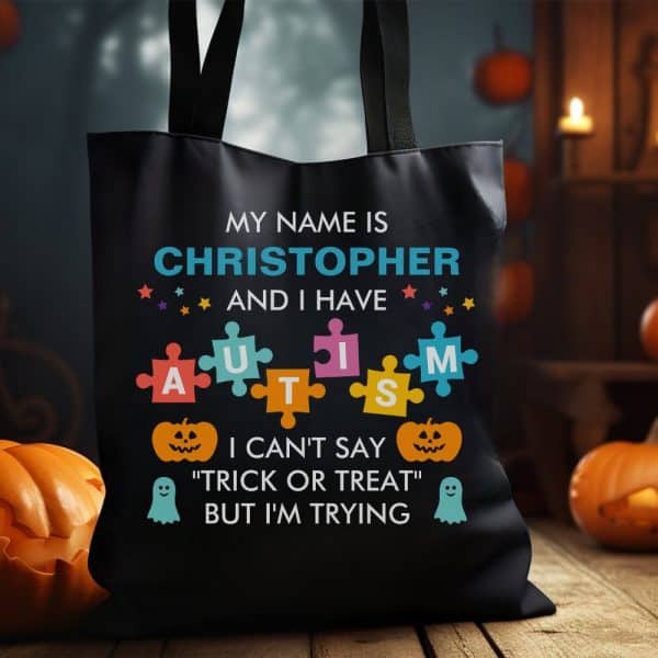 Black Tote Bag With The Name Christopher, A Puzzle Piece Autism Graphic, And Halloween-Themed Text.