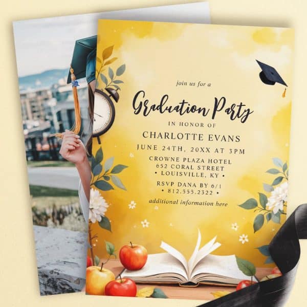 Yellow Graduation Party Invitation For Charlotte Evans, Featuring A Photo Of A Graduate, Apples, A Book, And Floral Accents.