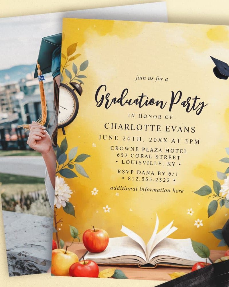 Yellow graduation party invitation for Charlotte Evans, featuring a photo of a graduate, apples, a book, and floral accents.