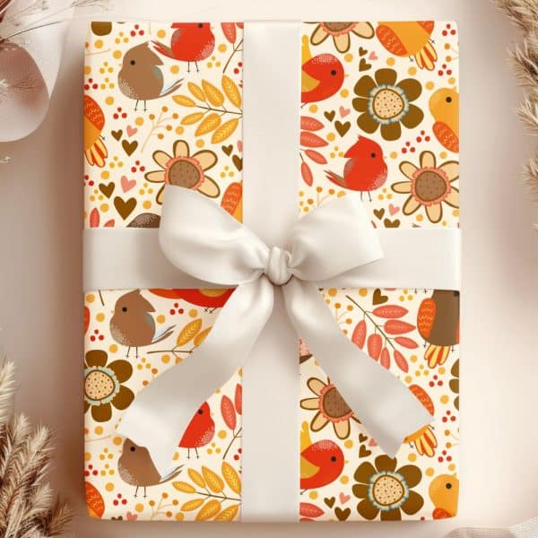Gift Wrapped With Autumnal Themed Paper Featuring Birds And Flowers, Tied With A White Ribbon.
