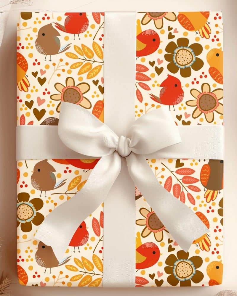 Gift wrapped with autumnal themed paper featuring birds and flowers, tied with a white ribbon.