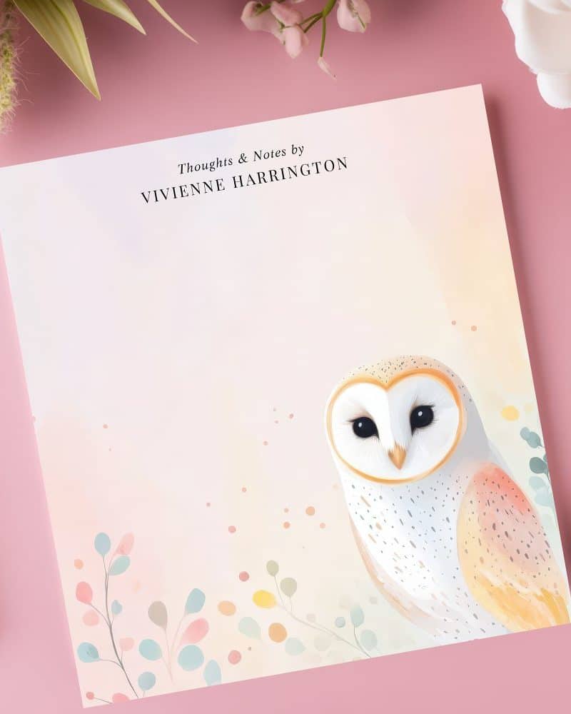 Barn owl illustration on a pale pink notepad.