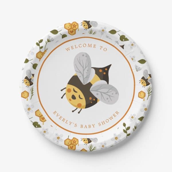Baby Shower Paper Plate Featuring A Cartoon Bumblebee And Honeycomb Design.