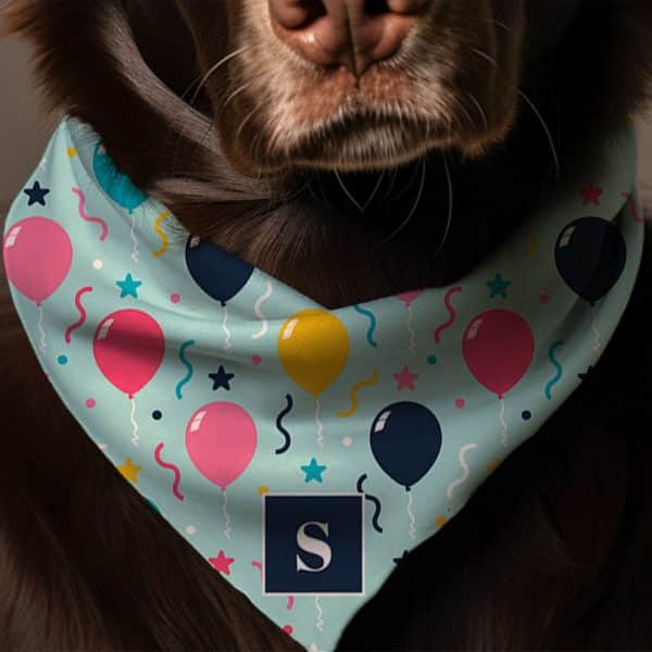 Brown Dog Wearing A Light Blue Bandana With Colorful Balloons And The Letter S.
