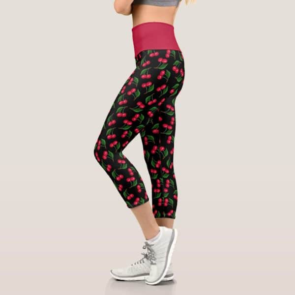 Black And Red Cherry Print Capri Leggings.