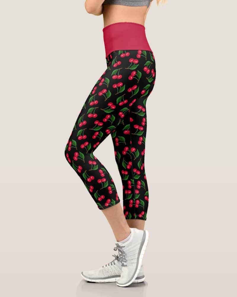 Black and red cherry print capri leggings.