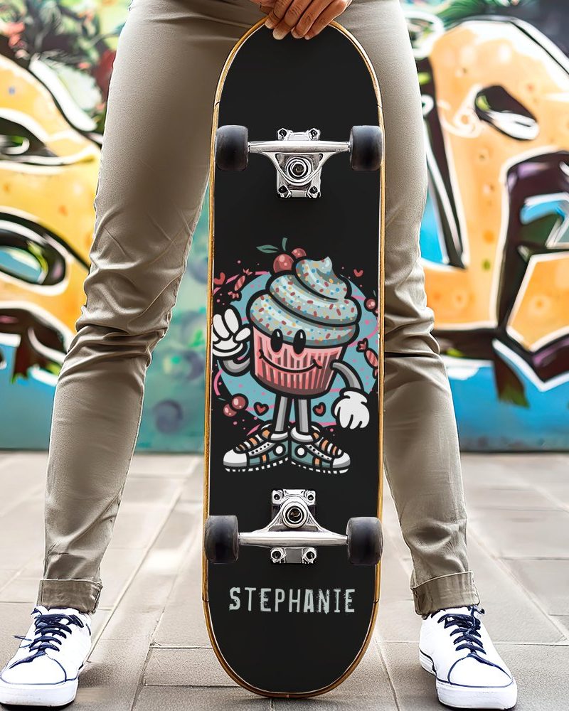 Person holding a skateboard with a cartoon cupcake design and the name Stephanie.