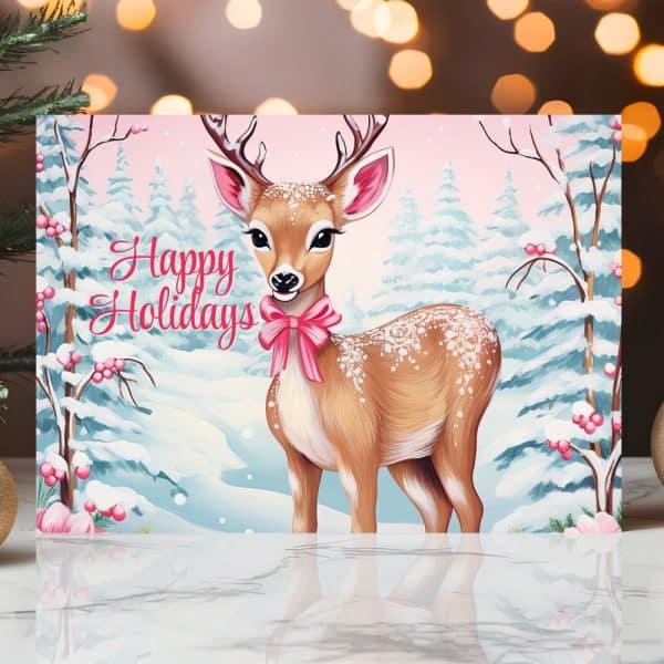 Holiday Greeting Card Featuring A Fawn Wearing A Pink Bow, Standing In A Snowy Winter Scene.